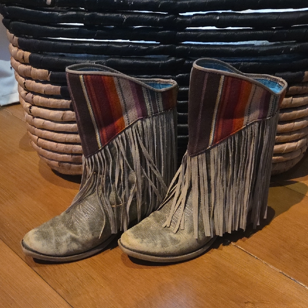 Blazin Roxx Kids Fringe Boots - Distressd Brown/Gray and Multicolor